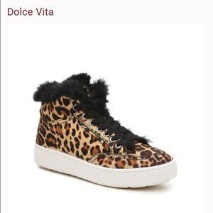 Dolce Vita Women’s Trudie Fur Lined Leopard Calf Hair High Top Sneaker’s Booties